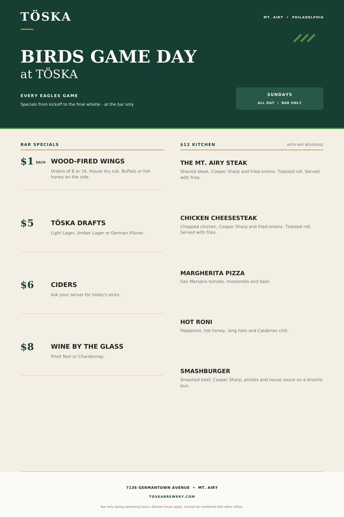 TÖSKA Birds Game Day menu with bar and kitchen specials
